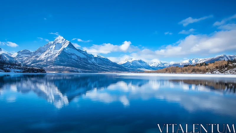 Snowy mountain range reflected in calm blue lake surface.