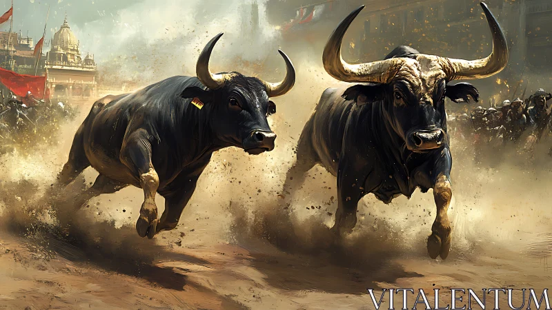 Charging bulls race through dusty street in chaotic city scene.