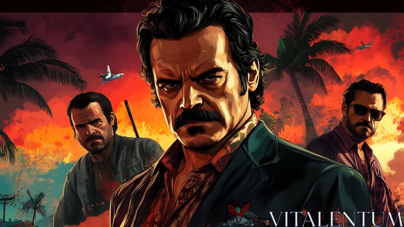 Tense trio of men stands against blazing tropical sunset sky