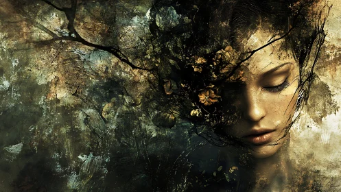 Melancholic forest muse dissolves into textured autumn haze