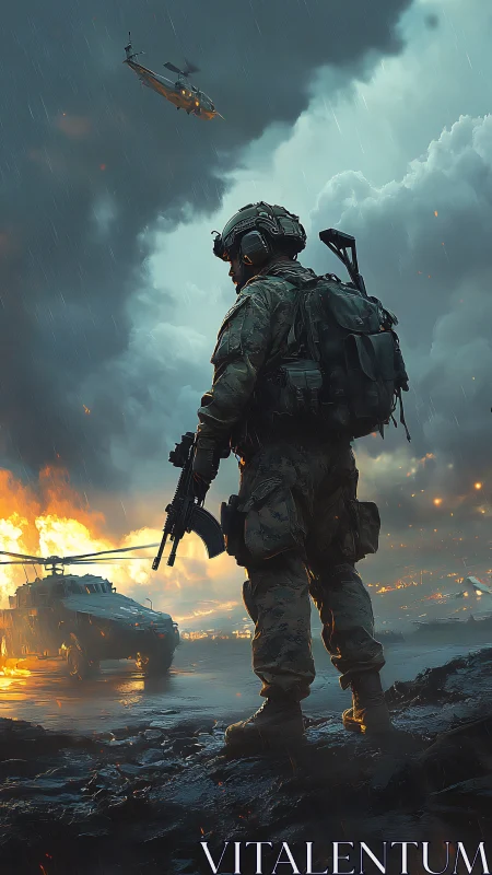 Stormy battlefield moment portrays a lone soldier standing firm