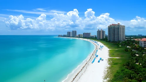 Coastal high-rise resort development with turquoise water beach frontage.