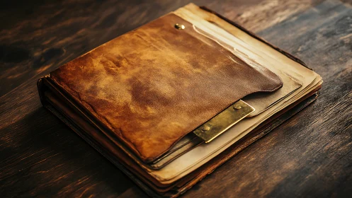 Weathered leather document portfolio holds aged paper stack securely