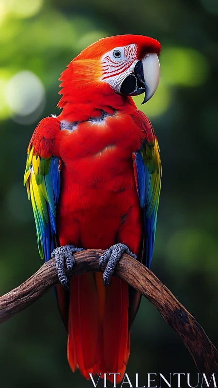 Scarlet macaw perches in lush jungle light, vivid plumage glows.