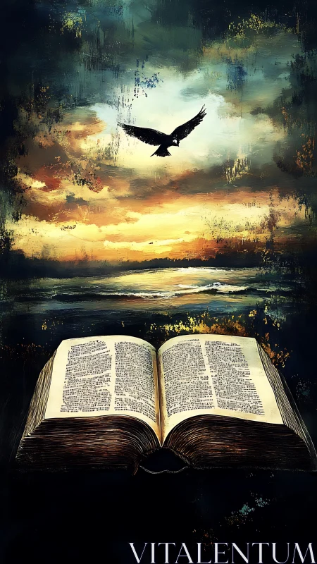 Open ancient book glows beneath symbolic soaring bird at dusk.