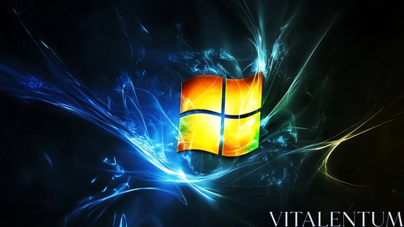 Glowing window emblem amid electric blue light trails.