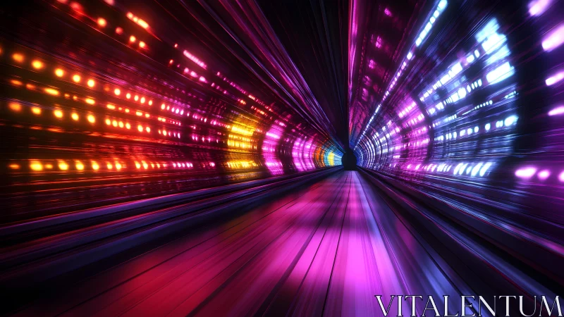 Futuristic neon tunnel with vibrant glowing lights, digital art style.