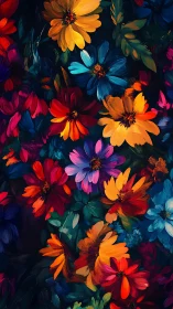 Vibrant Garden Symphony: Radiant Flowers Dance Across Deep Blue