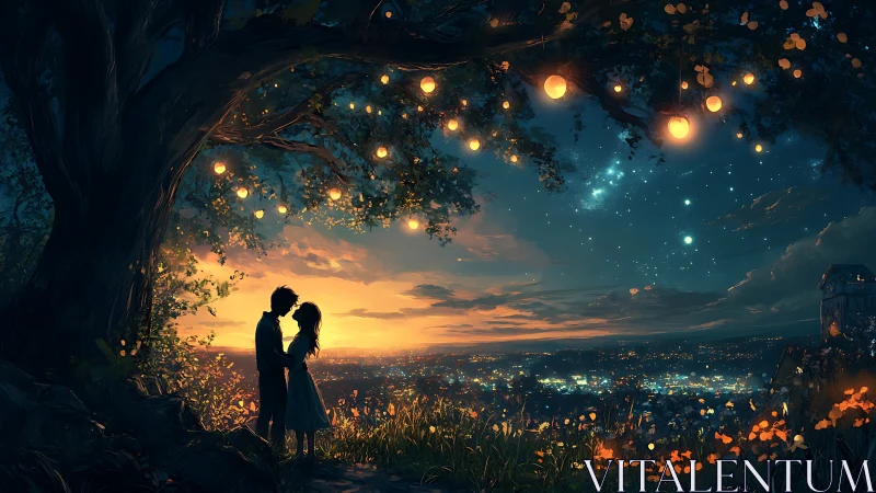 Couple Under Starlit Tree Overlooking City Lights