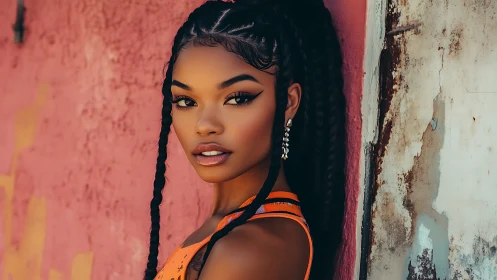 Portrait of woman with braids against textured urban wall.