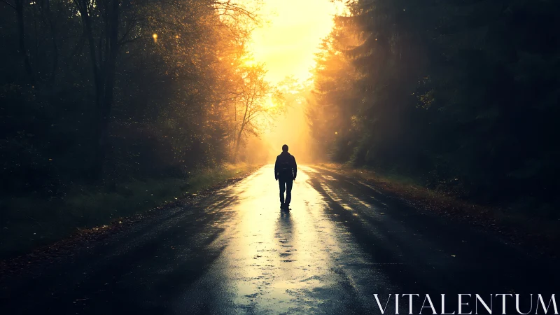 Silhouetted person walks alone on wet forest road at sunrise