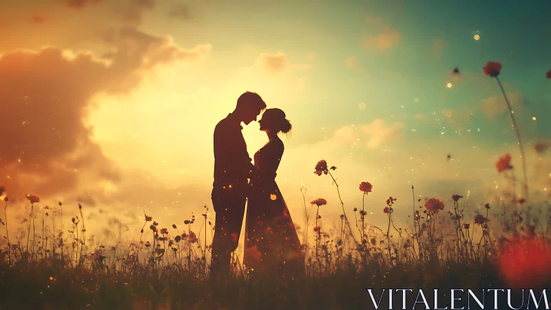 Couple Kissing in Flower Field at Sunset