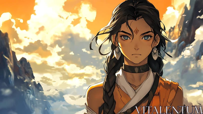 Mountain dusk portrait uses warm backlighting and anime detailing