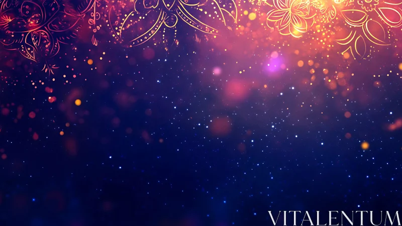 Floral line ornament overlays particle field gradient background