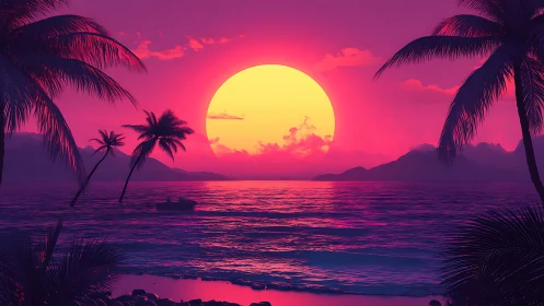 Neon tropical sunset ignites horizon over calm surf.