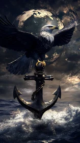 Eagle over nautical anchor with planetary backdrop composition.