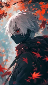 Masked white-haired anime assassin stands amid crimson leaves