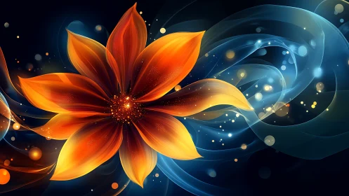 Luminous orange flower floats through swirling nebula light