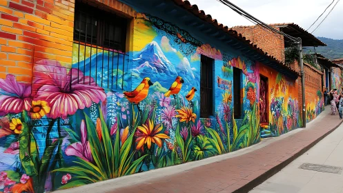 Vibrant Latin street mural with tropical flora and birds.