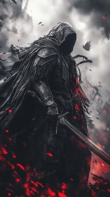 Hooded dark knight in scorched battlefield, glowing embers rising