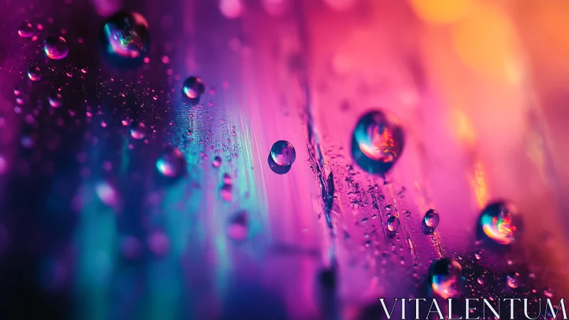 Macro droplets on glass with neon gradient background.