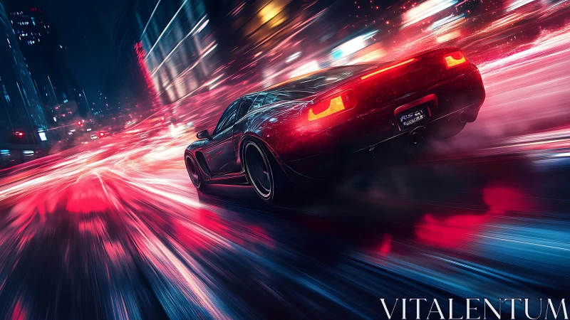 Neon vector drift: high-speed coupe in chromatic urban blur.