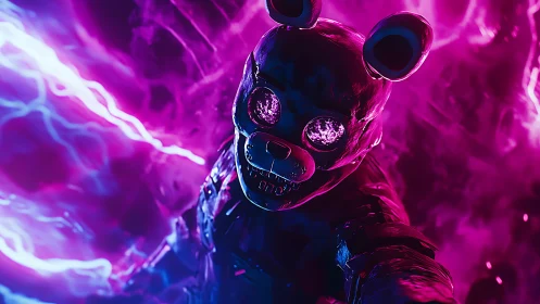 Neon cyber bear skull leers from an electric purple void