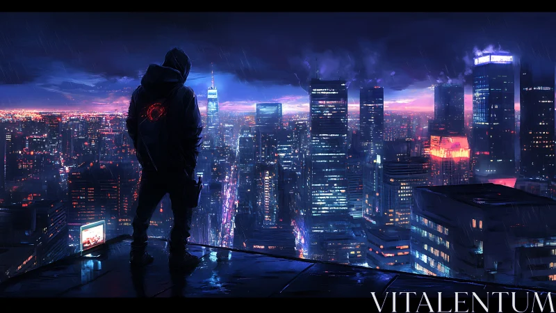 Hooded lone figure surveys neon cyberpunk skyline at dusk.