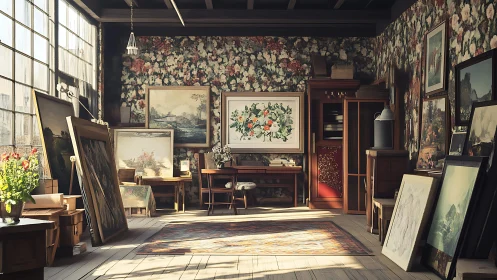 Vintage floral artist studio with sunlit framed canvases.