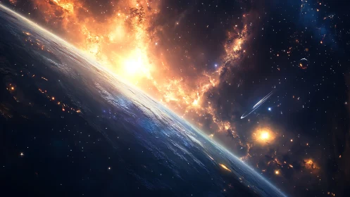 Planetary horizon glows beneath erupting stellar nebula light