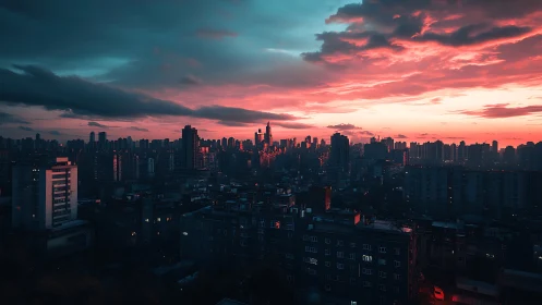 Neon dusk skyline over dense city blocks in cyan haze.