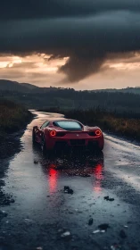 Red sports car on wet rural road under dark storm clouds.