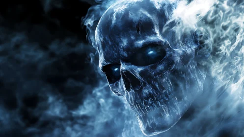 Frozen spectral skull emerges through swirling blue smoke.