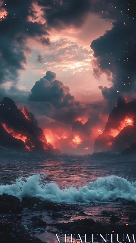 Molten Skyline: Volcanic Coast Erupting Into Starlit Dusk.