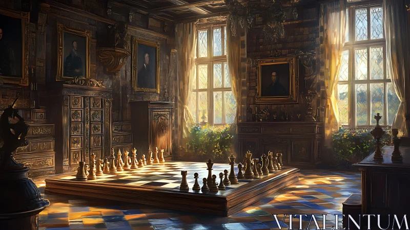 Sunlit chess colossus waits in a hush of ancestral portraits