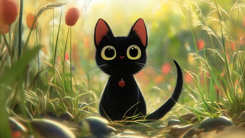 Black kitten with red collar in luminous spring meadow.