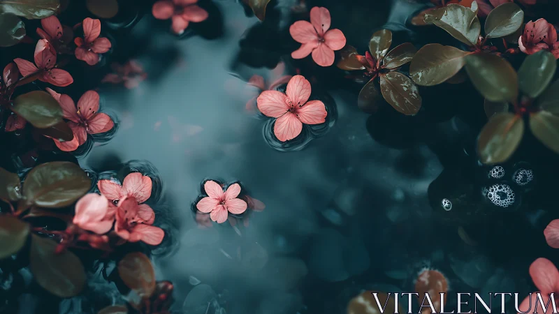 Pink flowers floating serenely in dark teal water.