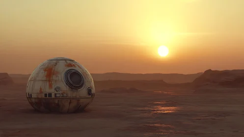 Spherical desert droid rests under a diffuse orange sunset sky