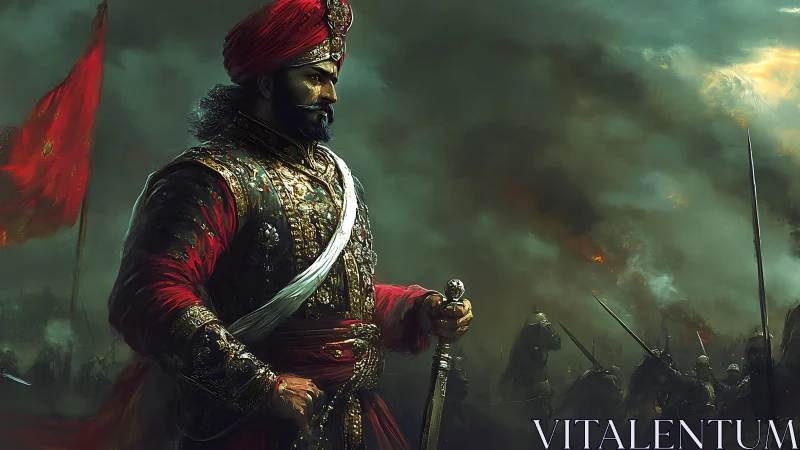 Warrior king surveys burning battlefield under storm sky