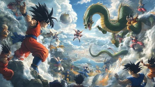 Dynamic anime battle scene with warriors and dragon god