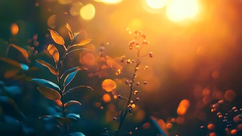 Golden hour garden glow with dreamy sunlit foliage.