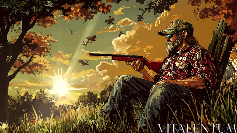 Rustic hunter resting beneath blazing autumn sunset sky.