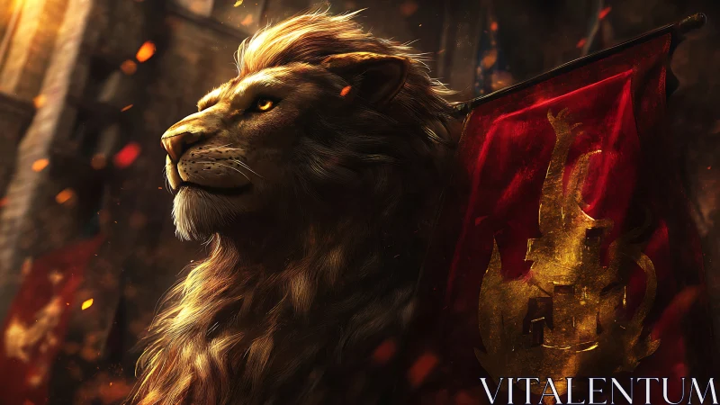 Regal lion standard bearer rendered with dramatic rim lighting and embers