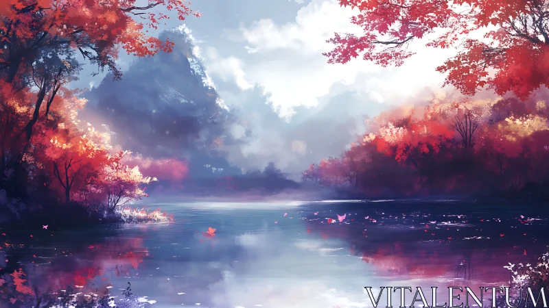 Autumn forest lake under bright clouds and distant mountain.