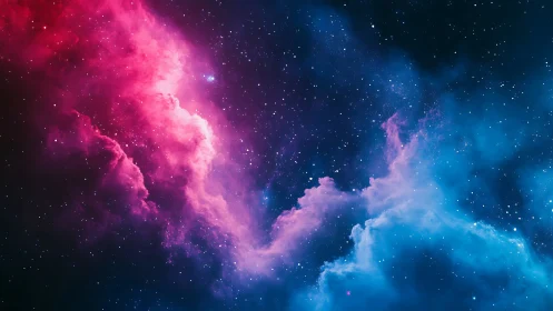 Pink and blue interstellar nebula cloud with star field.