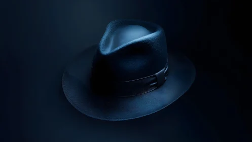 Classic fedora hat in moody cinematic lighting, dark blue tones.