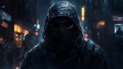 Hooded figure in dark rainy city street at night stands still