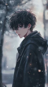 Young boy stands in winter scene with snow falling softly