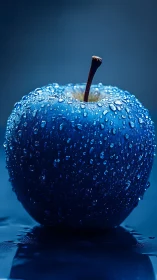 Iridescent blue apple with dewy droplets in cool light.