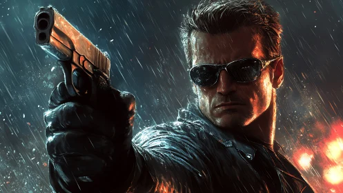 Male figure with handgun in rain, illuminated by streetlight.